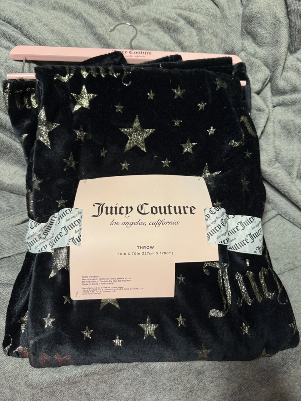 Juicy Couture Black Velvet Throw with Gold Star Motif